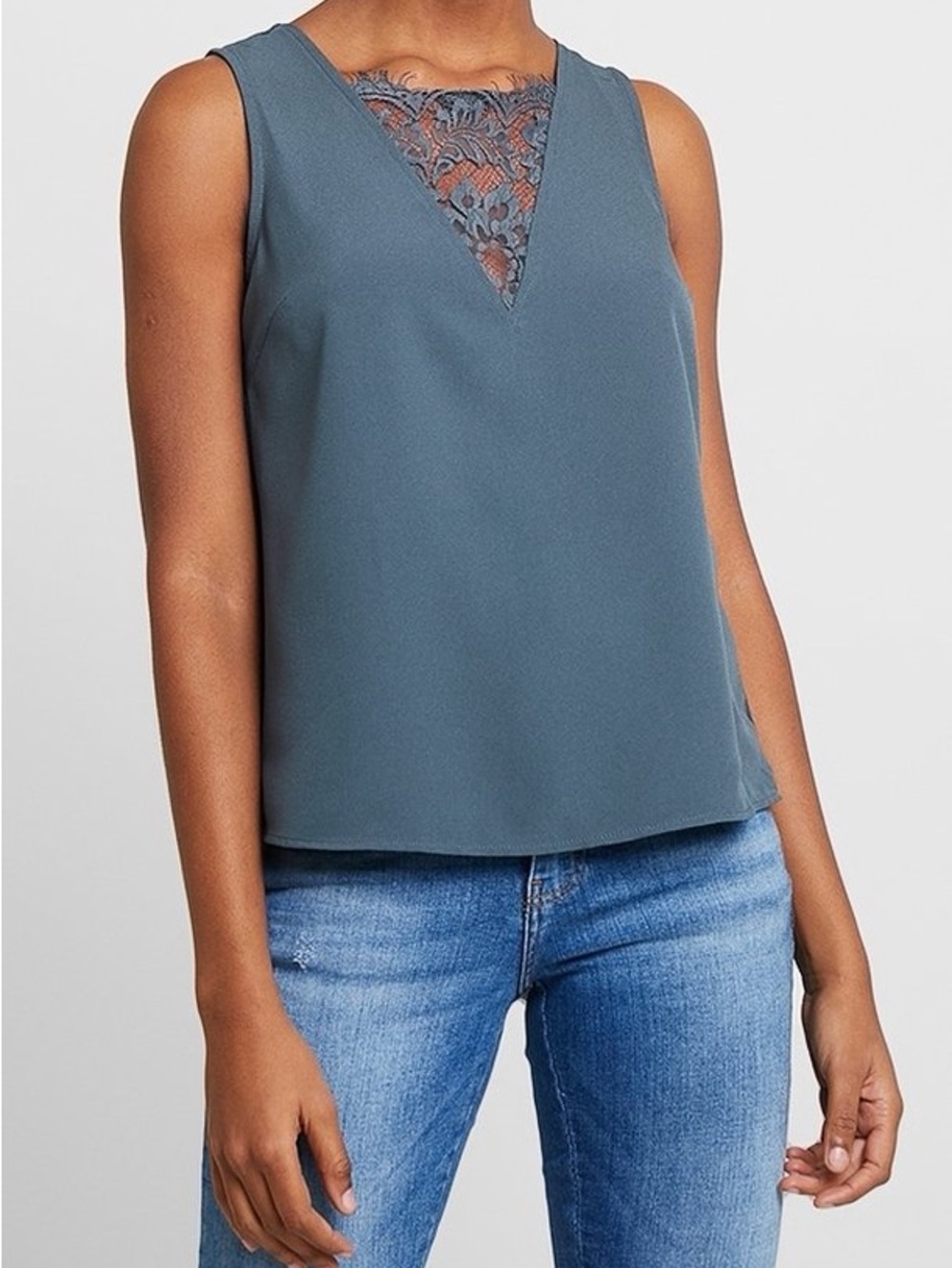 H&M Sleeveless Lace-Trim V-Neck Tank Top - Emerald (S4)